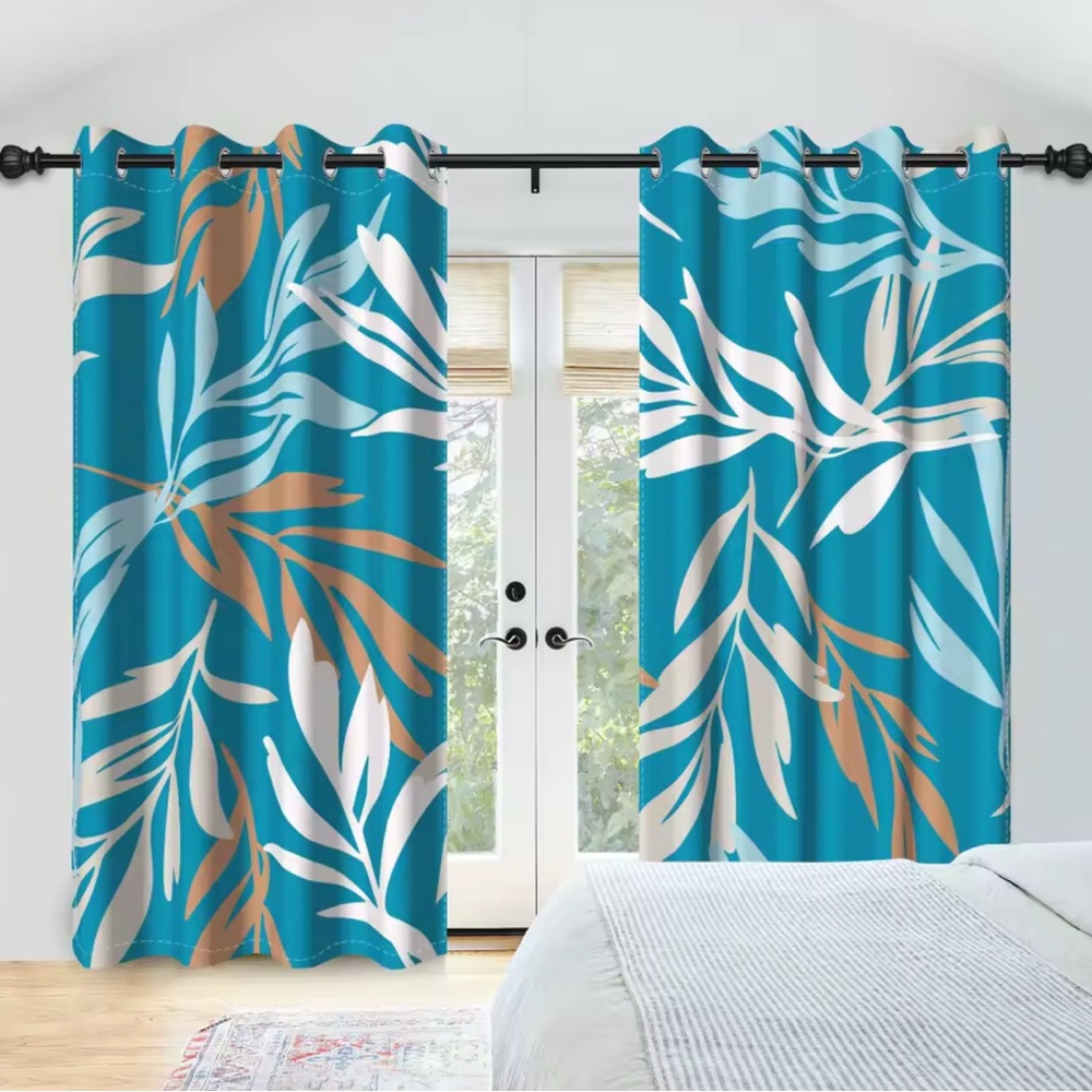Leaf Patterned Teal and Brown Curtains